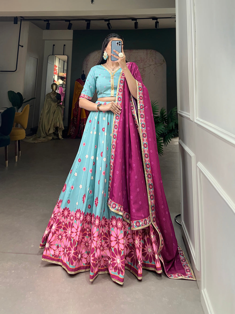 Sky Blue Color Printed With Sequins Lace Border Vaishali silk Lehenga Choli