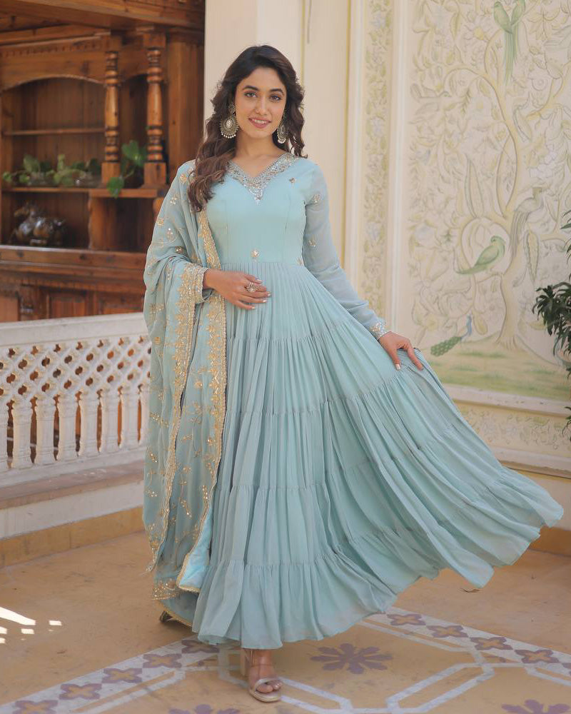 Sky Color Faux Georgette Designer Gown With Dupatta
