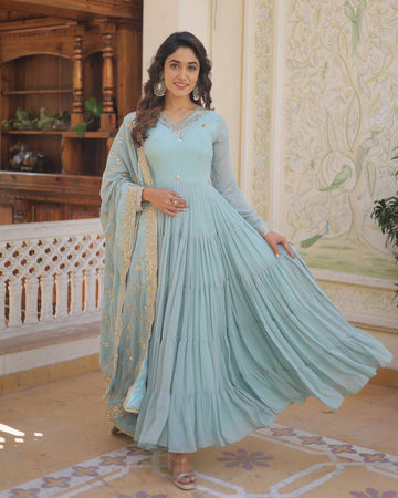 Sky Color Faux Georgette Designer Gown With Dupatta