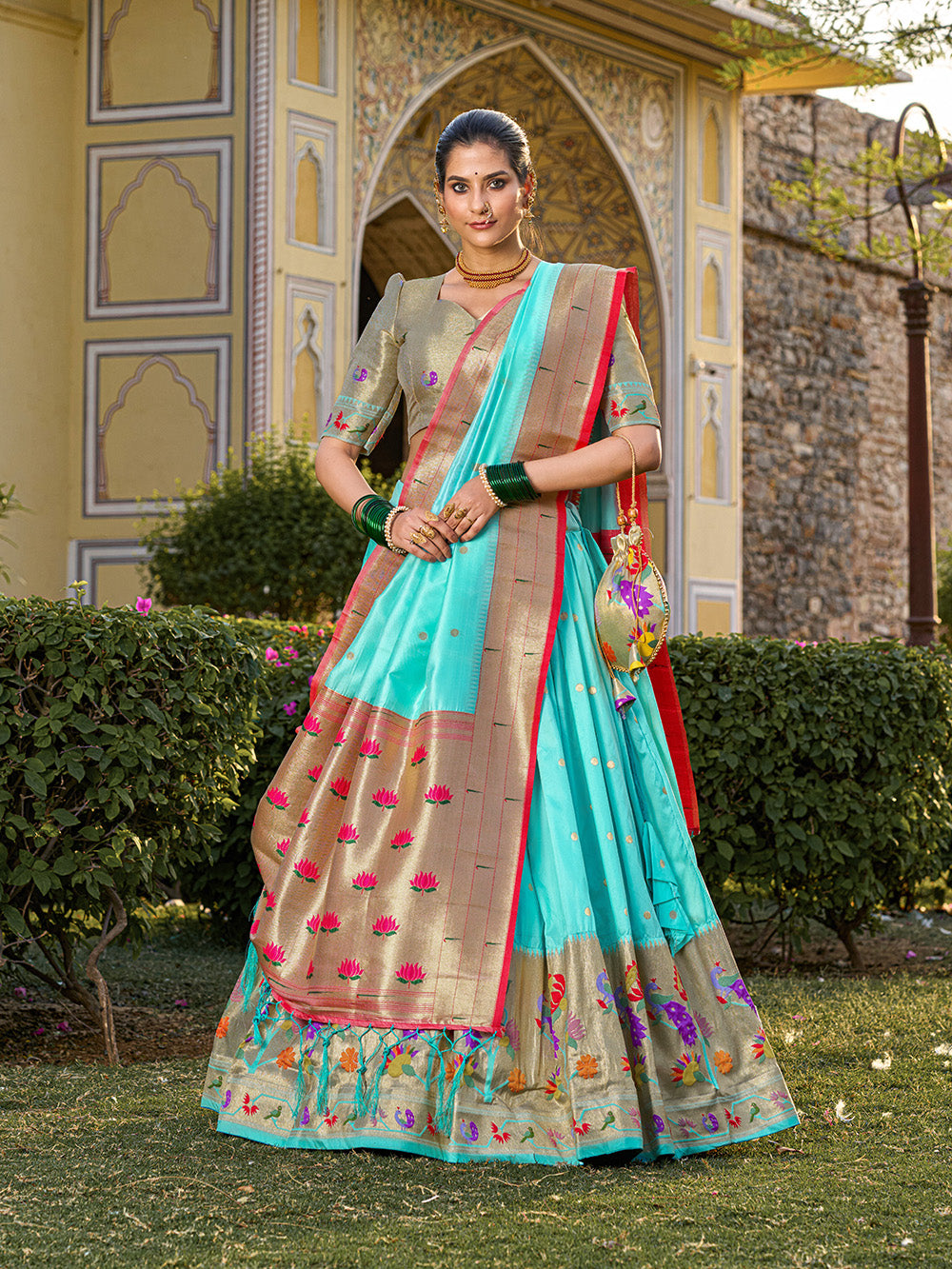 Sky Blue Color Jacquard Silk Paithani Weaving Zari Work Marathi Lehenga Choli