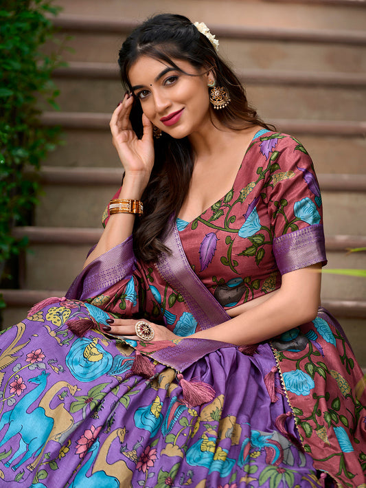 Lavender Color Kalamkari Print With Zari Weaving Dola Silk Voni Lehenga Choli