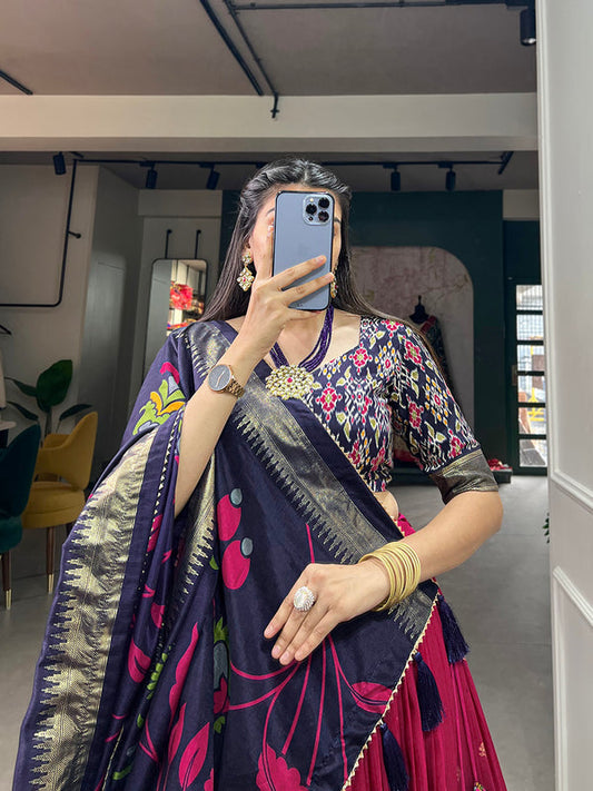 Pink Color Print With Foil Work Tussar Silk Lehenga Choli