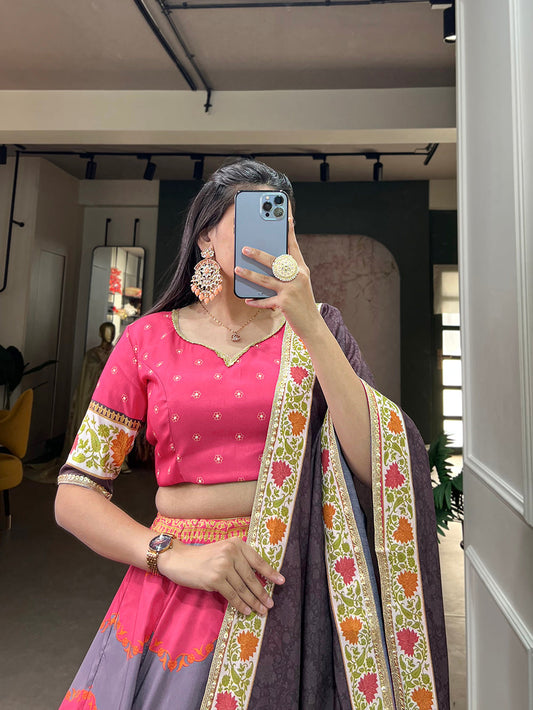 Pink Color Printed With Sequins Lace Border Vaishali silk Lehenga Choli