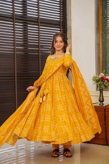 Trendy Designer Digital Print Yellow Color Haldi Special Anarkali Suit Set