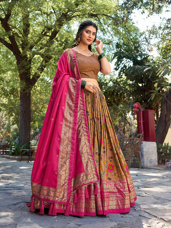 Mustard Color Kalamkari Print With Foil Work Tussar Silk Lehenga Choli