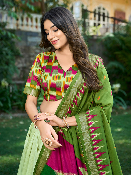 Pista Color Print With Foil Work Tussar Silk Lehenga Choli