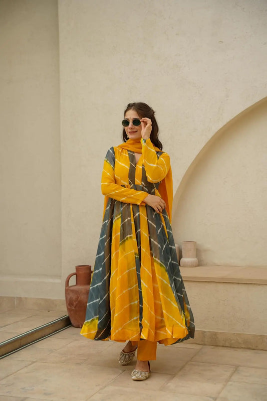 Mustard & Black Color Organza Anarkali Suit Set