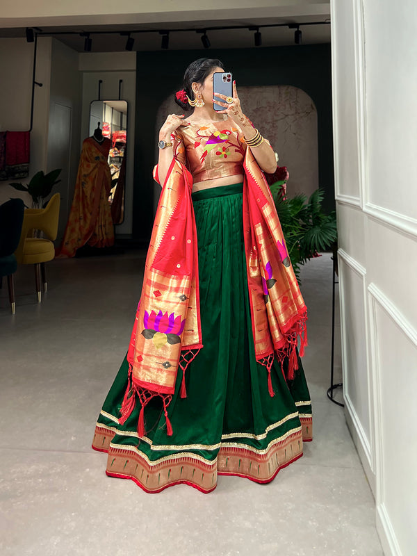 Green Color Plain With Paithani Lace Border Vichitra Silk Lehenga Choli