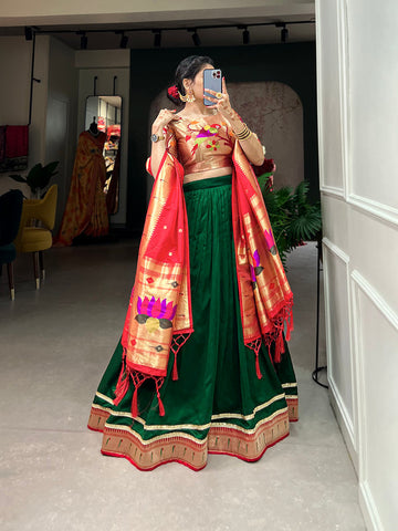Green Color Plain With Paithani Lace Border Vichitra Silk Lehenga Choli