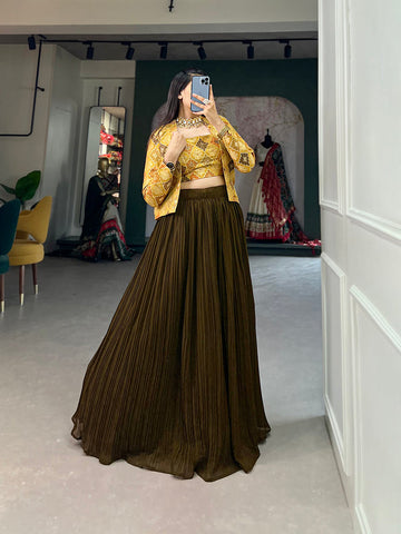 Mehandi Color Plain With Viscose Jacquard Silk Blouse And Koti With Crush Georgette Co-ord Set