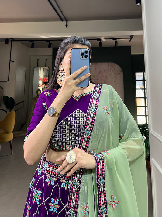 Purple Color Sequins And Thread Embroidery Work Georgette Lehenga Choli