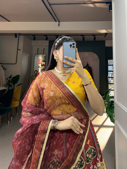 Brown Color Printed With Sequins Lace Border Vaishali Silk Rajasthani Lehenga Choli