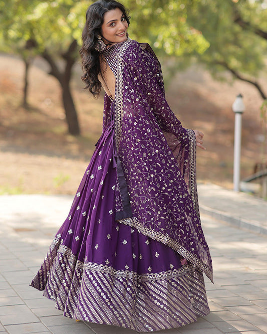 Wedding Wear Blooming Dark Purple Lehenga Choli