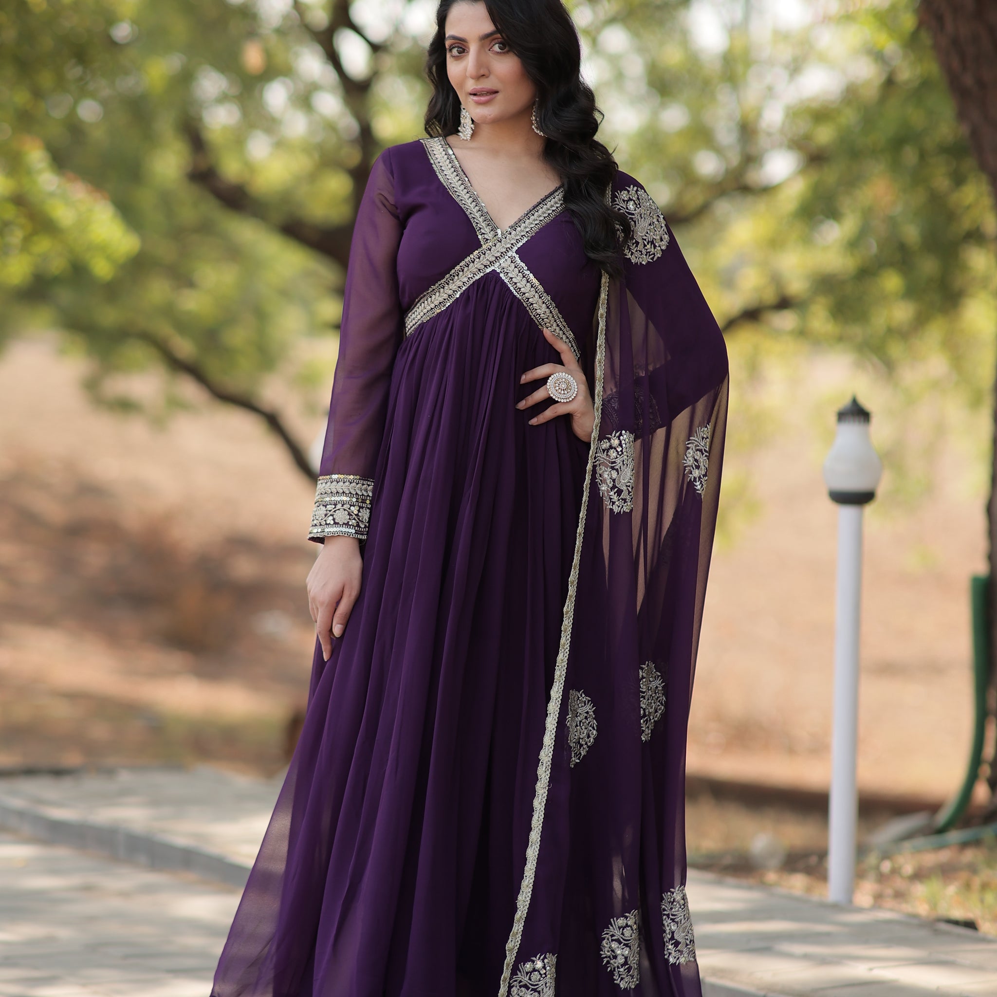 Wedding Wear Embroidered Alia Cut Purple Ethnic Gown with Dupatta