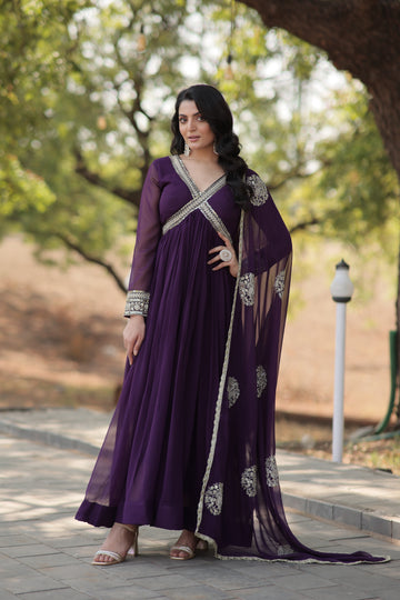 Wedding Wear Embroidered Alia Cut Purple Ethnic Gown with Dupatta