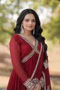 Model wearing a Wedding Wear Embroidered Maroon Alia Cut Gown with Dupatta, perfect for weddings and festive occasions