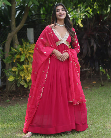 Wedding Wear Embroidered Rani Pink Alia Cut Gown With Dupatta