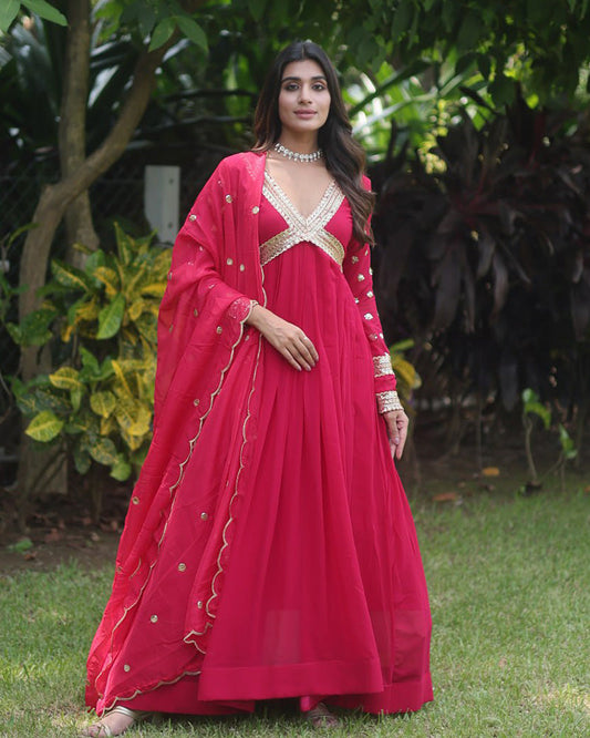 Wedding Wear Embroidered Rani Pink Alia Cut Gown With Dupatta