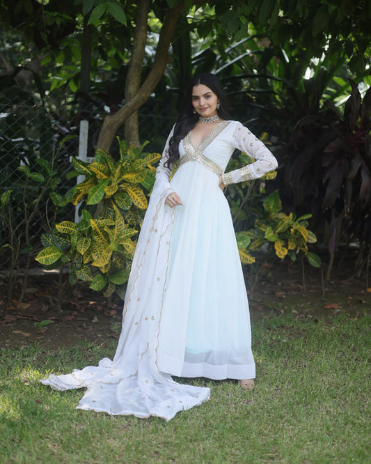Wedding Wear Embroidered White Alia Cut Gown With Dupatta