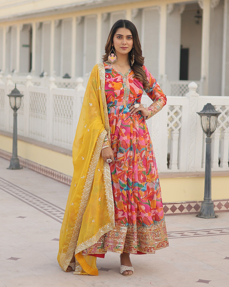 Floral Embroidered Wedding Wear Pink Alia Cut Gown With Dupatta