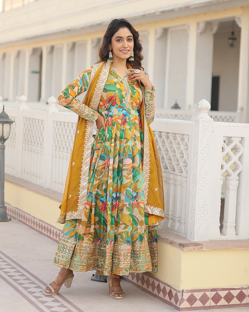 Floral Embroidered Wedding Wear Yellow Alia Cut Gown With Dupatta