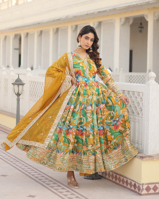 Floral Embroidered Wedding Wear Yellow Alia Cut Gown With Dupatta