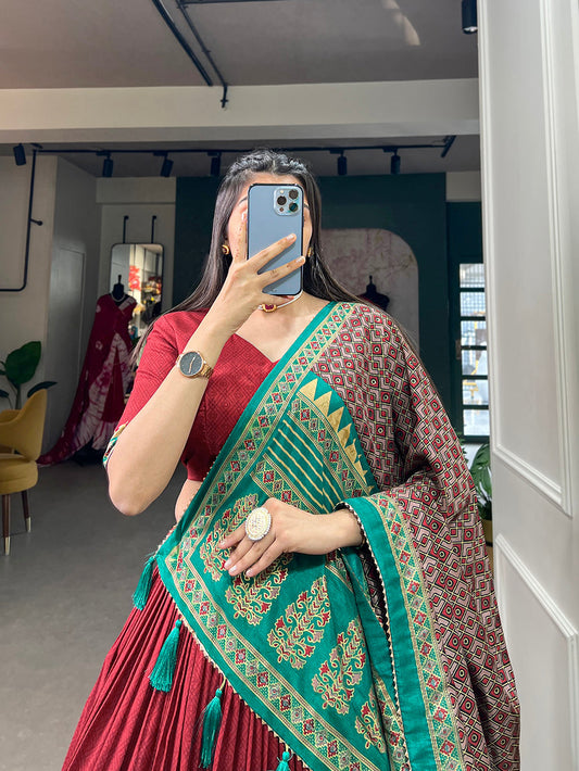 Red Color Print With Foil Work Tussar Silk Traditional Lehenga Choli