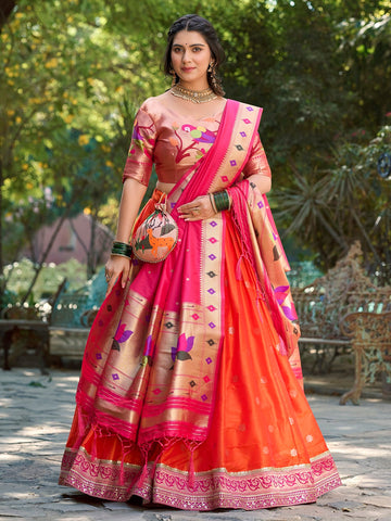 Orange Color Weaving Zari Work Jacquard Silk Lehenga Choli