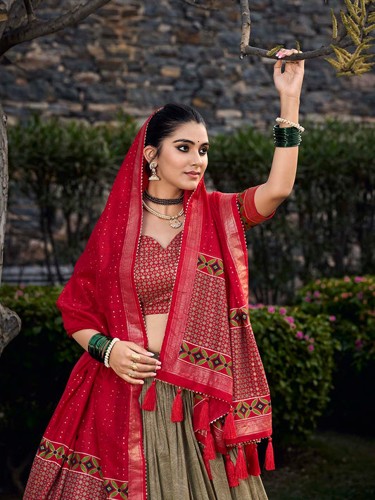 Mehandi Color Floral Print With Foil Print Tussar Silk Lehenga Choli