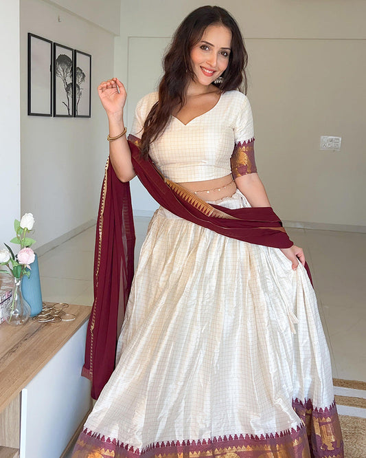 Poly Cotton Chex Navratri White And Maroon Lehenga Choli