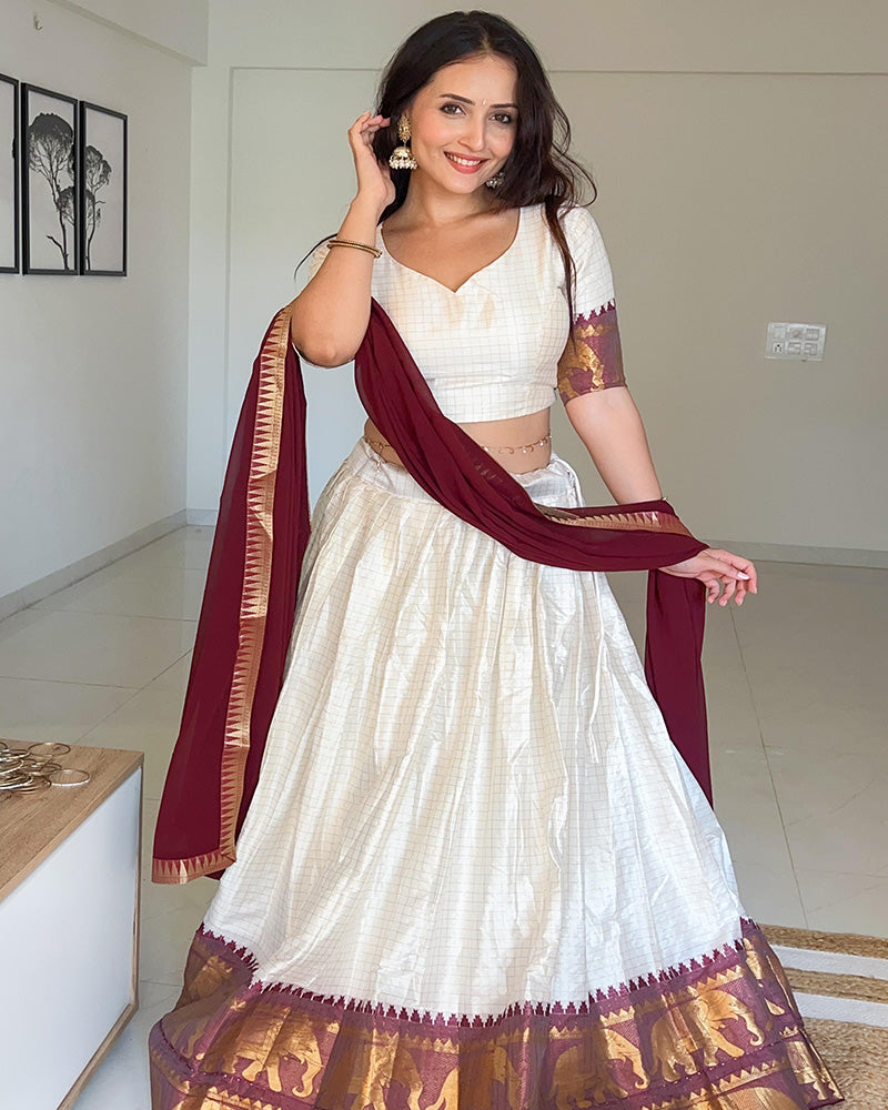Poly Cotton Chex Navratri White And Maroon Lehenga Choli