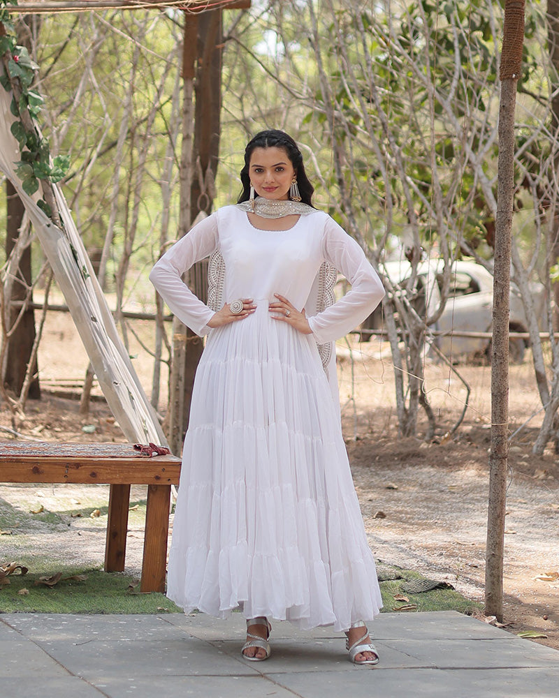 Designer Embroidered White Ethnic Gown with Dupatta