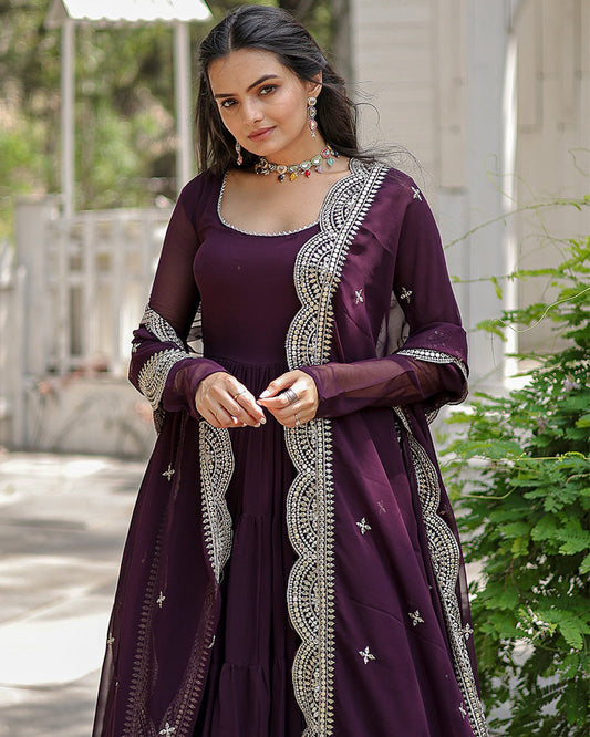 Wine Color Designer Embroidered Ethnic Gown With Dupatta