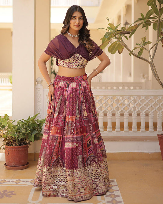 Designer Russian Silk Embroidery Crop Top Wine Lehenga Choli