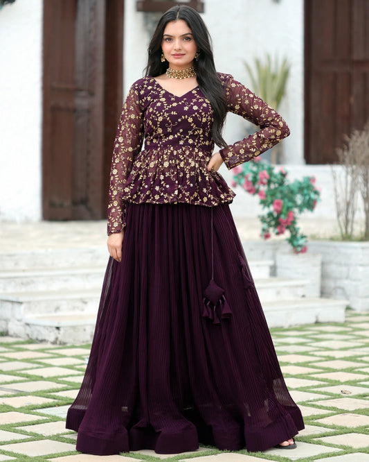 Designer Sequins Embroidery Ready To Wear Wine Lehenga Choli