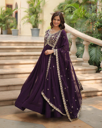 Wine Color Faux Blooming Multi Embroidered Work Gown