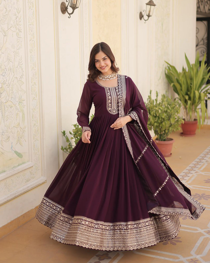 Wedding Wear Faux Blooming Rich Sequence Wine Color Ethnic Gown With Dupatta