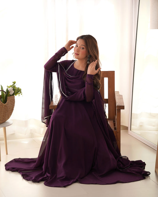 Wine Color Georgette Three Piece Anarkali Gown