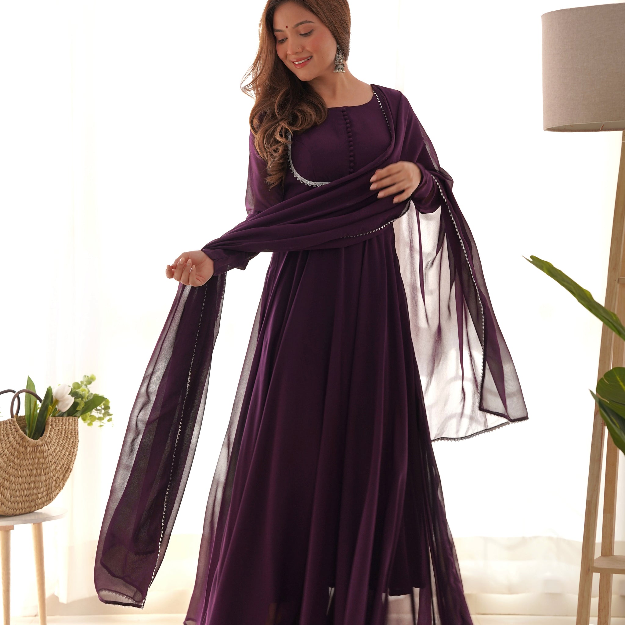 Wine Color Georgette Three Piece Anarkali Gown