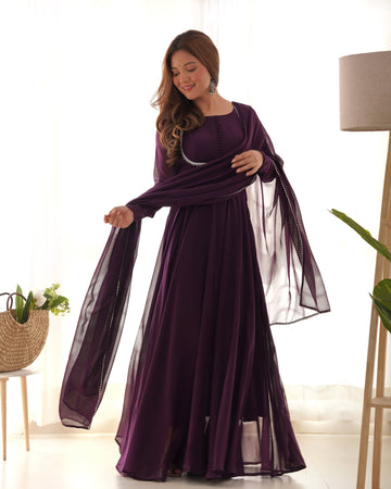 Wine Color Georgette Three Piece Anarkali Gown