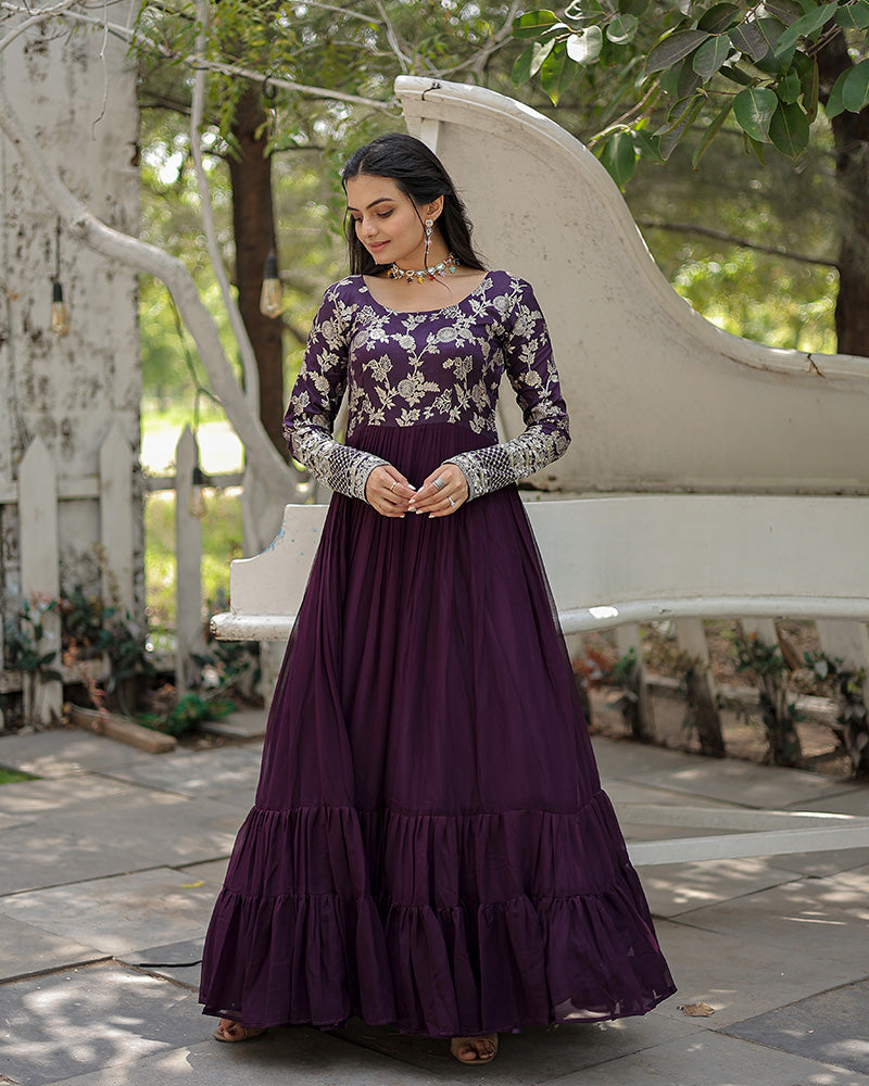 Wine Color Jacquard Designer Anarkali Gown