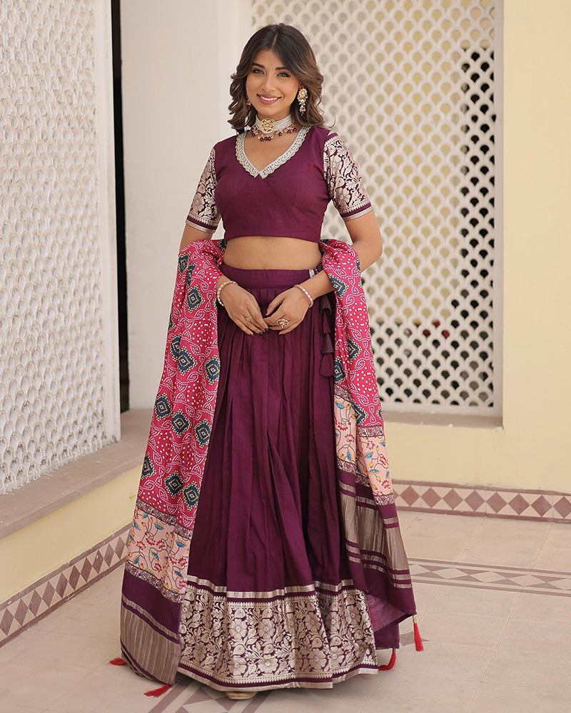 Jacquard Wine Lehenga Choli With Gaji Silk Dupatta