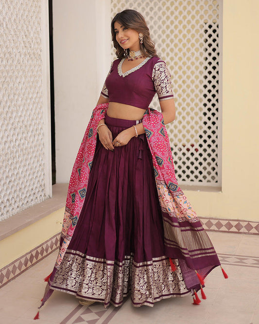 Jacquard Wine Lehenga Choli With Gaji Silk Dupatta