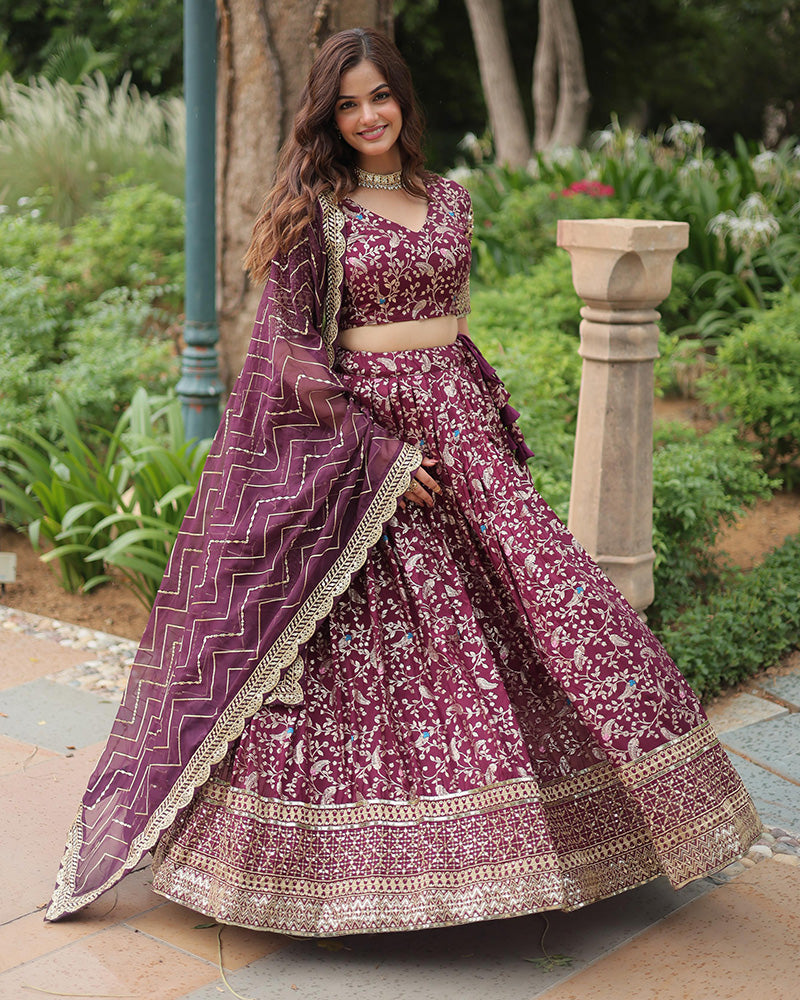 Wine Color Pure Viscose Jacquard Lehenga Choli