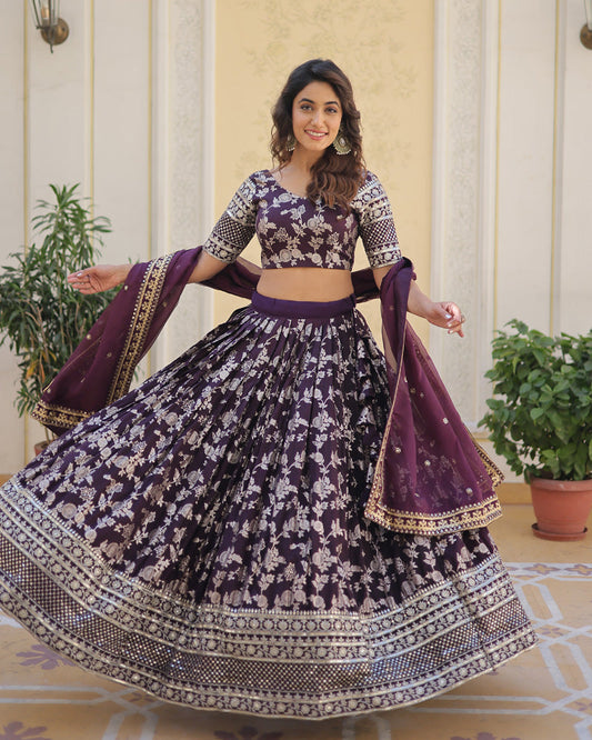 Pure Viscose Jacquard Wine Lehenga Choli