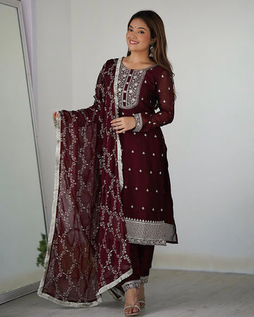 Maroon Color Rangoli Silk Three Piece Kurti Suit