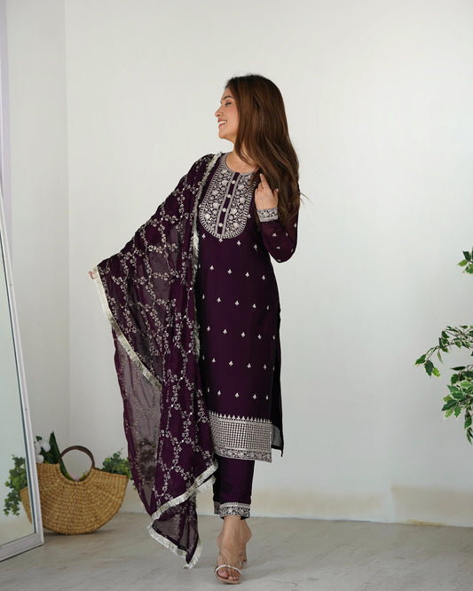 Wine Color Rangoli Silk Three Piece Kurti Suit