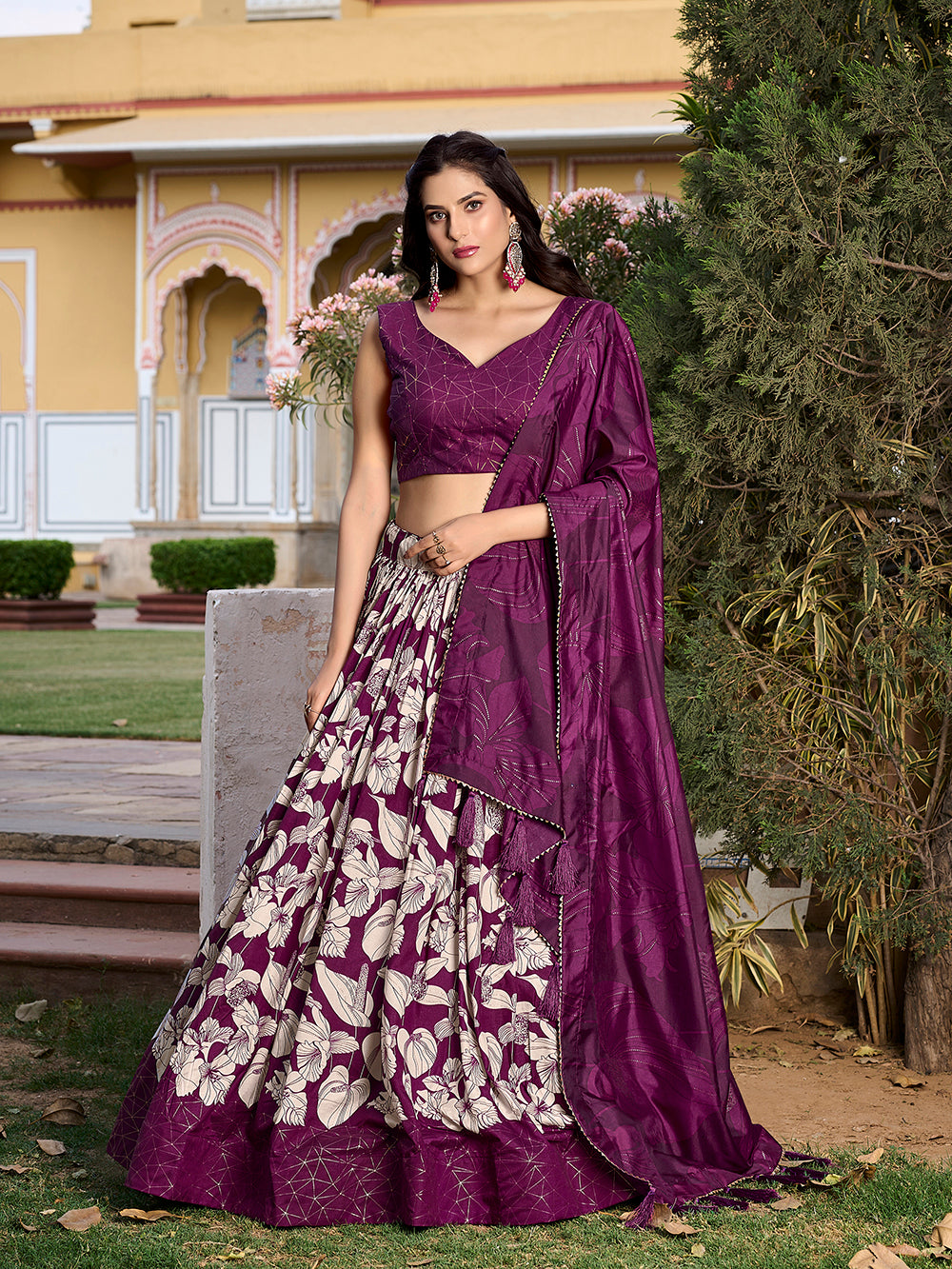Wine Color Floral Print With Foil Work Tussar Silk Lehenga Choli