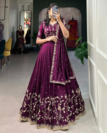 Wine Color Vichitra Silk Sequence Embroidery Lehenga Choli