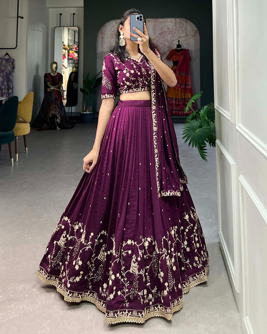 Wine Color Vichitra Silk Sequence Embroidery Lehenga Choli